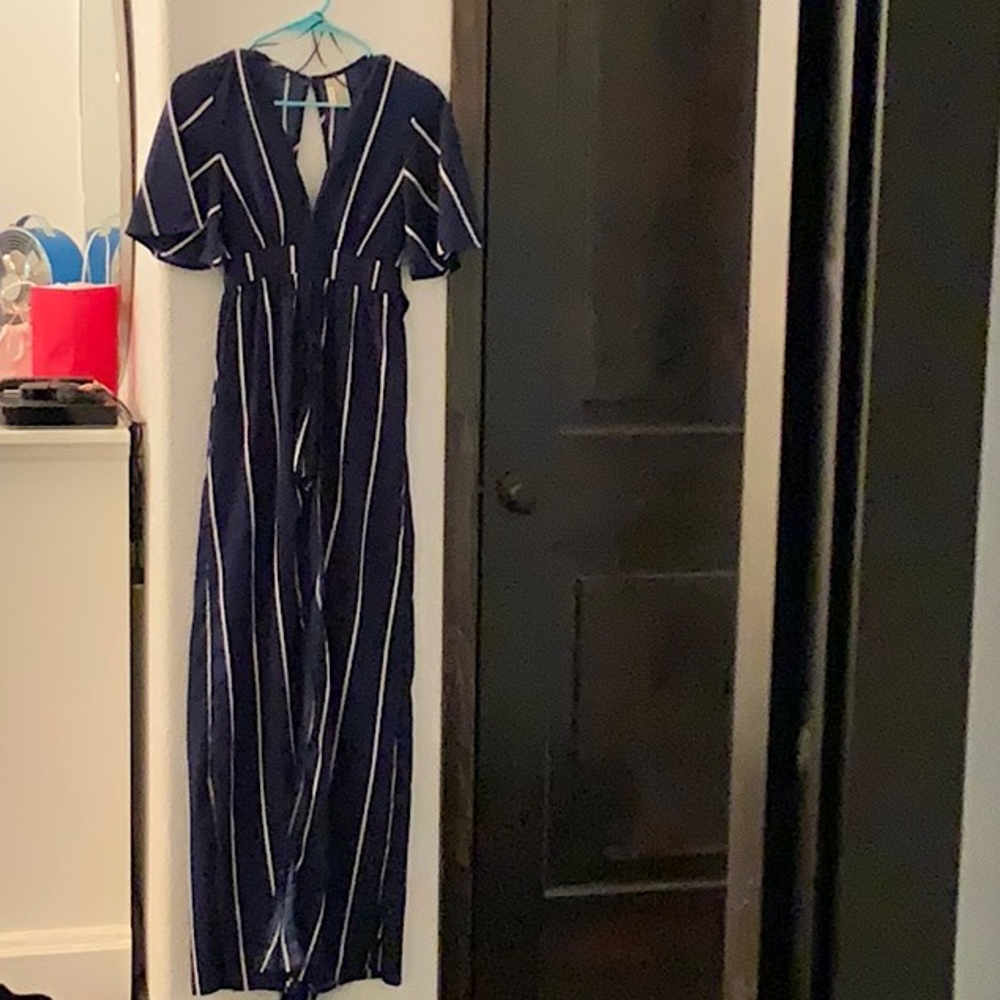 Navy blue & white striped spring / summer wear jumpsuit